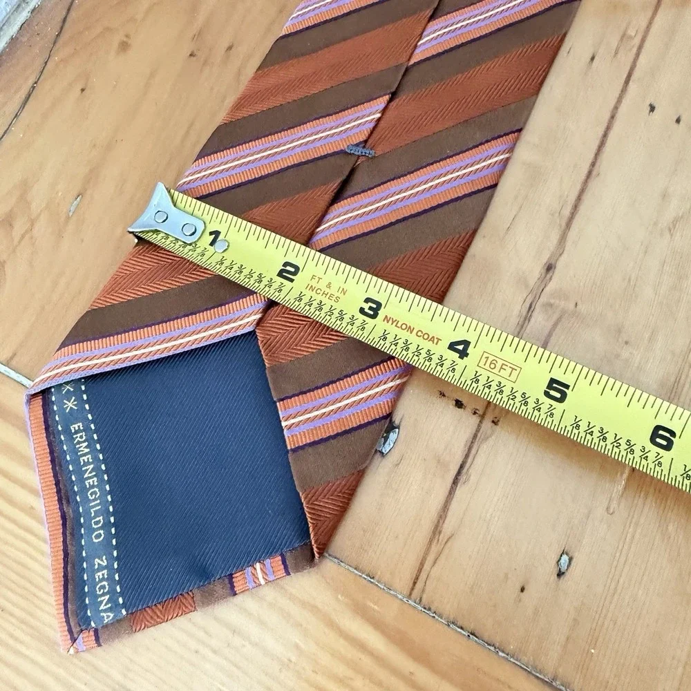Ermenegildo Zegna Tie Silk Orange Brown Stripe Designer Made in Italy 3.75 x 58